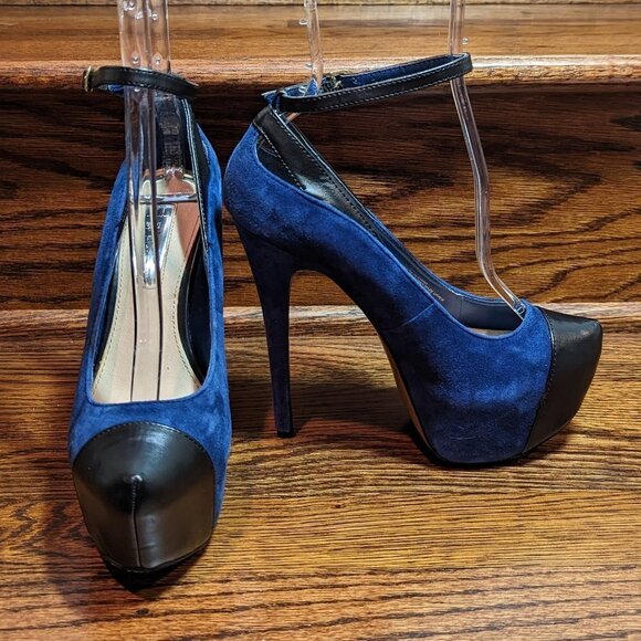 H by Halston Size 6M Blue Suede Platform Stilletto High Heels Black Leather t… - Picture 1 of 8